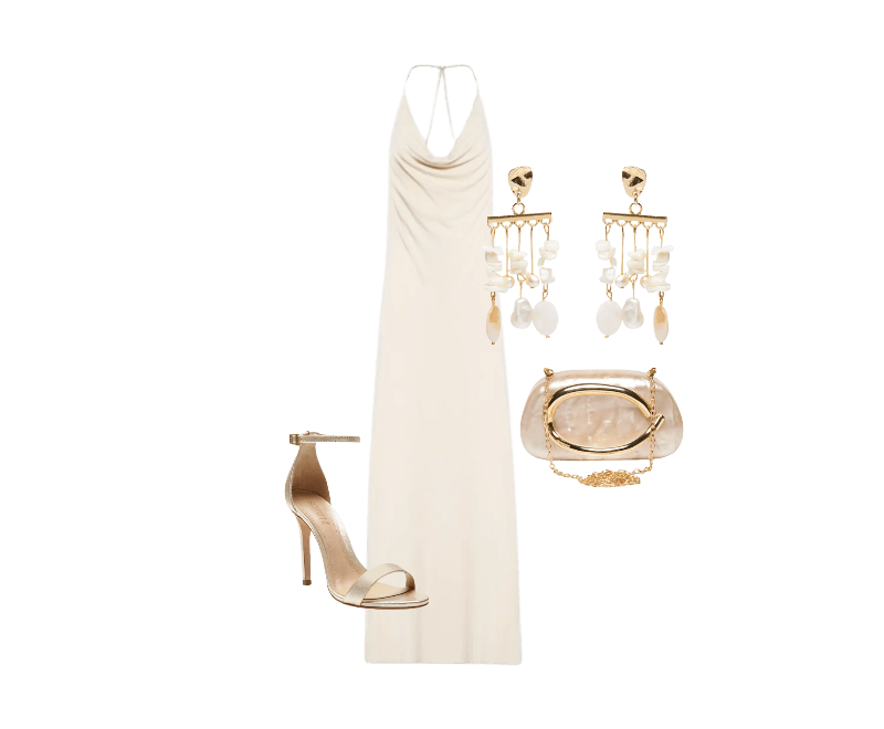 Brinco Feminino Madrepérolas Laguna Off White Dress To ; Vestido Jersey Alça Hotfix Bege Animale ; Sandália Feminina Isabelli Couro Dourado Schutz ; Bolsa Feminina Clutch Perolada Com Detalhe Orgânico Metalizado Bege Market 33