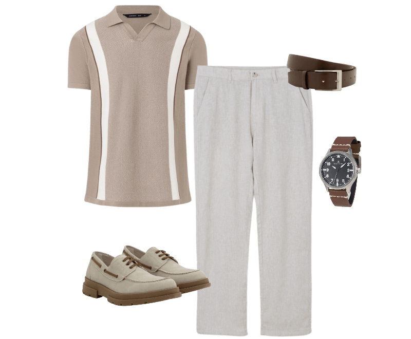 Camisa Polo Slim Tricô Com Listras Gola Em V E Texturizada Marrom ; Calça Reta em Linho de Alfaiataria Bege ; Sapato Dockside em Camurça com Sola Tratorada Bege ; Relógio Masculino Analógico com Caixa em Metal e Pulseira em Couro Champion Marrom ; Cinto em Couro com Ajuste por Fivela Marrom