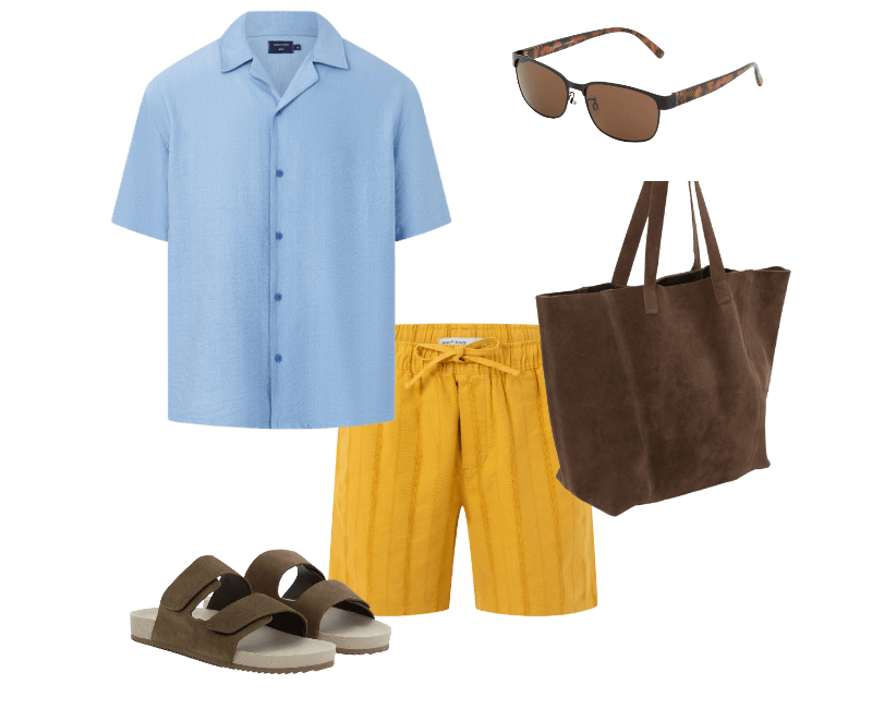 Camisa Boxy Em Viscose Com Textura Bowling Azul ; Bermuda Reta Texturizada com Cós Elástico Amarelo ; Sandália Slide em Camurça e Tiras com Velcro Marrom Claro ; Óculos Redondo com Haste Tartaruga Marrom/Preto ; Bolsa Tote em Camurça com Costura Aparente Marrom Médio