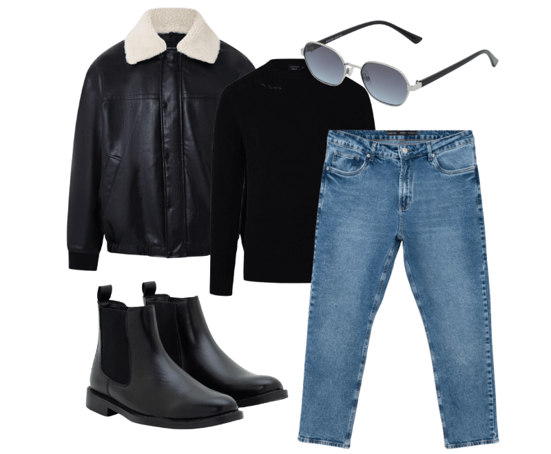 Suéter Em Malha Com Textura Xadrez Grid Preto ; Jaqueta Em Material Sintético Com Gola Em Sherpa Preto ; Calça Tapered em Jeans com Elastano Azul ; Bota em Material Sintético com Cano Médio Preto ; Óculos de Sol Redondo com Haste Fina e Lente Fume Degrade Prata