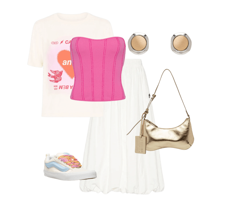 Saia Windrunner Branco Nike ; Tênis Feminino Ua Knu Skool Bege Vans ; Camiseta Feminina Box Bordada Amor Bege Cantão ; Brinco Feminino Metal Misto Escovado Dourado Basiq ; Bolsa Feminina Média Stellare Tecno Dourado Schutz ; Blusa Feminina Corset Jolie Bordado Rosa Triya