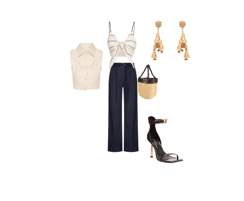 Bolsa Feminina Tote Valentina Bege Schutz + Nati Vozza ; Colete Feminino Com Bolso Bege Basiq ; Sandália Feminina Ciara Couro Marrom Schutz ; Brinco Feminino Palha Verdejar Bege Dress To ; Calça Feminina Pantalona Com Cinto Azul Basiq ; Top Cropped Double Off White Lança Perfume