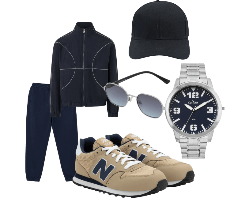 Jaqueta Esportiva Basketball Com Fio Refletivo Preto ; Tênis New Balance 500V2 em PU com Texturas Bege ; Óculos de Sol Redondo com Haste Fina e Lente Fume Degrade Prata ; Boné Aba Curva Básico com Fechamento Strapback Preto ; Relógio Condor Masculino Analógico PRATA ; Calça Jogger em Moletom com Cós Elástico e Cordão Azul
