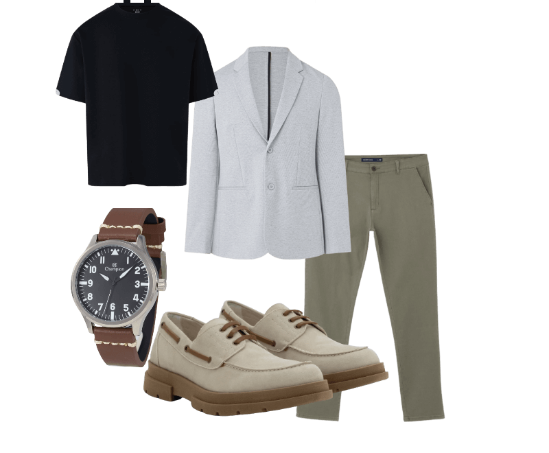 Camiseta Boxy Em Tecnologia Dry E Algodão Preto ; Blazer Super Slim De Malha Sem Forro Cinza Claro ; Calça Slim em Sarja com Lavagem Estonada Verde ; Sapato Dockside em Camurça com Sola Tratorada Bege ; Relógio Masculino Analógico com Caixa em Metal e Pulseira em Couro Champion Marrom