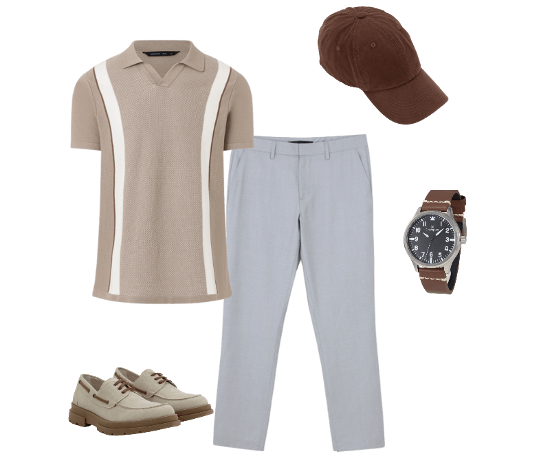 Camisa Polo Slim Tricô Com Listras Gola Em V E Texturizada Marrom ; Calça Social Slim em Poliviscose com Bolsos Cinza 2  Avaliações  Calça Social Slim em Poliviscose com Bolsos Cinza ; Sapato Dockside em Camurça com Sola Tratorada Bege ; Boné Aba Curva em Algodão com Strapback Marrom ; Relógio Masculino Analógico com Caixa em Metal e Pulseira em Couro Champion Marrom