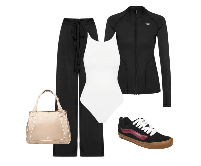 Calça Feminina Reta Com Amarração Preto Basiq ; Tênis Masculino UA Knu Skool Preto Vans ; Body Feminino Em Malha Off White Market 33 ; Bolsa De Ombro Unissex Sports Style Bege Fila ; Jaqueta Feminina Grafeno Fresh Pro Preto Live!