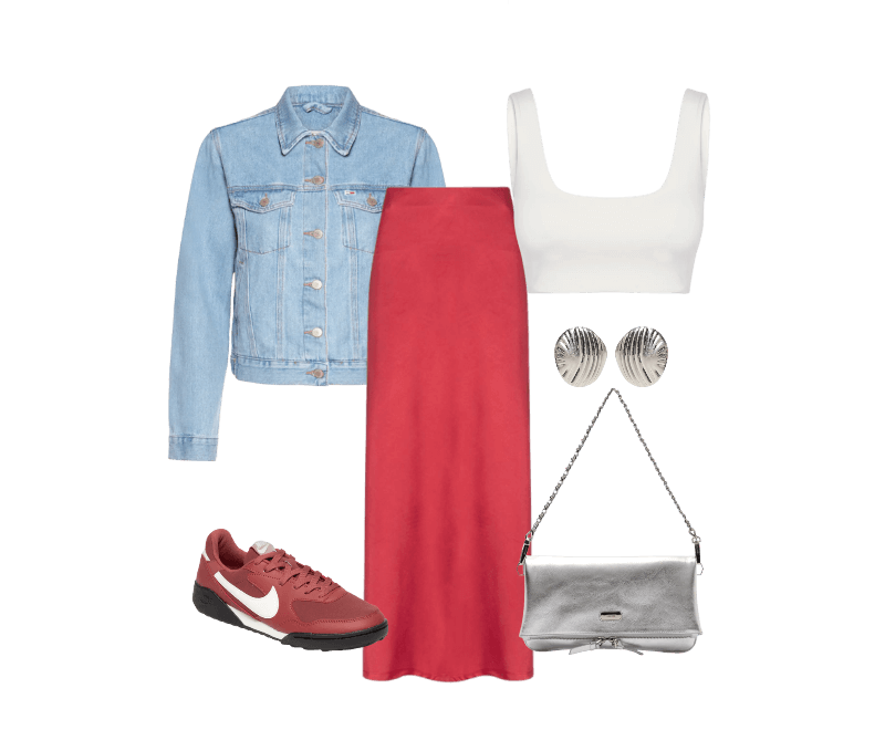 Jaqueta Feminina Classic Trucker Jacket BI8110 Azul Tommy Jeans ; Tênis Unissex W Terra Manta Vermelho Nike ; Top Feminino Off White Hering Sports ; Brinco Feminino Texturizado Em Metal Fosco Prateado '2Essential ; Bolsa Feminina Tiracolo Couro Média Dobrável Prateado Arezzo ; Saia Feminina Longa Evasê Vermelho '2Essential