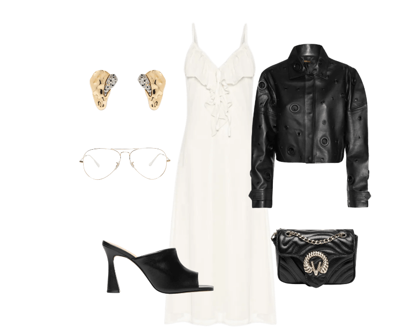 Vestido Midi Com Babado Bege Market 33 ; Jaqueta Feminina De Couro Multi Ilhoses Preto Animale ; Sandália Feminina Grease Preto Luiza Barcelos ; Brinco Feminino Gota Orgânica + Druza Metal Fixo Duo Ouro Mix Dourado D'santis Joias ; Ray ban  ; Bolsa Feminina Cint-Lar Camurça Premium Preto Vicenza