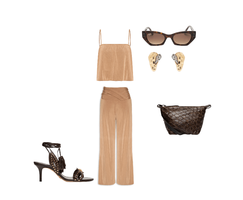 Bolsa Feminina Bakare Large Color Marrom Osklen ; Óculos Feminino Zena Bio-Based Marrom Ray-ban ; Calça Feminina Balonê Pala Transpasse Bege Maria Filó ; Blusa Feminina Alcinha Balonê Bege Maria Filó ; Sandália Feminina Salto Cracked Marrom Vicenza ; Brinco Feminino Gota Orgânica + Druza Metal Fixo Duo Ouro Mix Dourado D'santis Joias