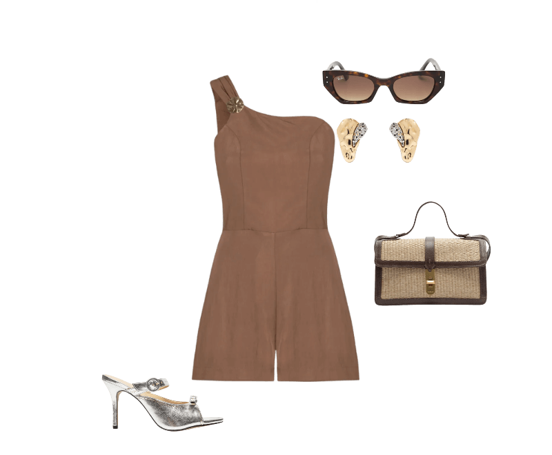 Sandália Feminina Metalcolor Prateado Luiza Barcelos ; Óculos Feminino Zena Bio-Based Marrom Ray-ban ; Bolsa Feminina Tiracolo Natural Palha Bege Arezzo ; Macaquinho Feminino Ombro Único Marrom My Favorite ; Brinco Feminino Gota Orgânica + Druza Metal Fixo Duo Ouro Mix Dourado D'santis Joias