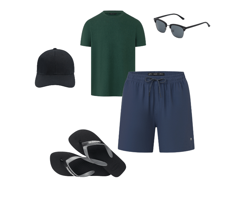 Camiseta Slim Em Algodão Texturizada Verde ; Bermuda com Detalhe de Etiqueta Emborrachada Azul ; Chinelo Duas Tiras Texturizado Havaianas Preto ; Óculos de Sol Quadrado em Policarbonato Emborrachado Preto ; Boné Aba Curva Básico com Fechamento Strapback Preto