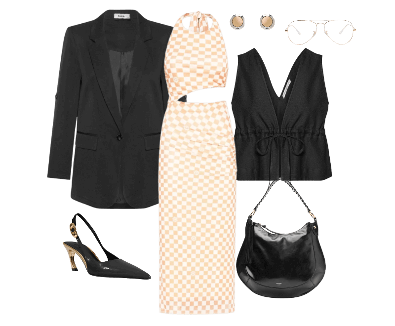 Vestido Midi Tule Estampa Mosaico Bege Dress To ; Blazer Feminino Com Martingale Preto Basiq ; Scarpin Slingback Salto Médio Verniz Couro Preto Schutz ; Brinco Feminino Metal Misto Escovado Dourado Basiq ; Ray ban  ; Bolsa Feminina Hobo Grande Barbicacho Preto Arezzo ; Blusa Feminina Decote V Com Linho Preto Hering