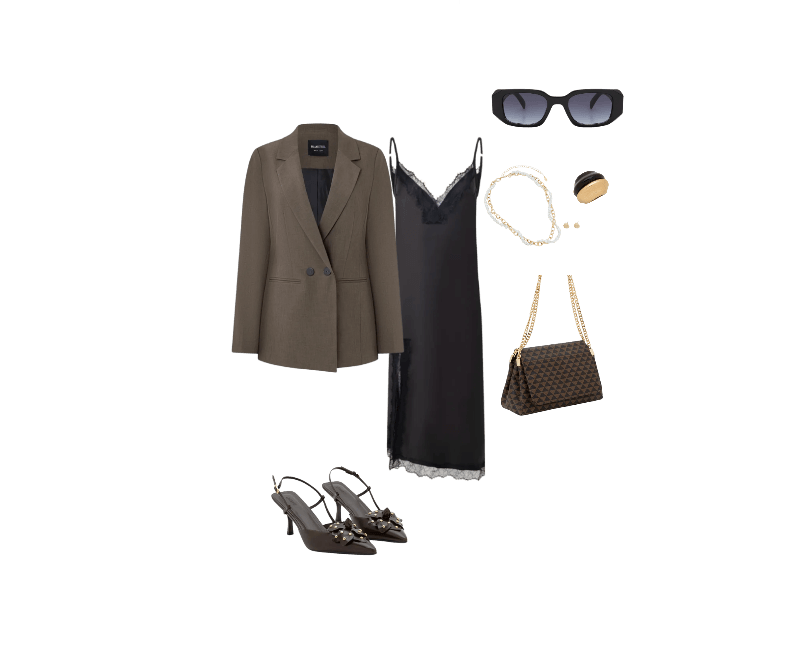 Blazer Alongado em Alfaiataria Marrom ; Vestido Boho Slip Dress com Efeito Acetinado e Renda Preto ; Sapato Slingaback com Flor e Cravinhos Marrom ; Bolsa Shoulder Média em PU Estampa Triângulos e Alça com Corrente Marrom ; Óculos de Sol Quadrado com Detalhes Facetados e Lente Fumê Degrade Preto ; Maxi Anel com Faces Bicolores Dourado/Preto ; Conjunto de Colar Pérola Trançada com Corrente e Brinco de Concha em metal Dourado