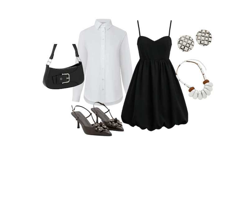 Camisa em Tricoline com Abotoamento e Punho Largo Branco Neve ; Vestido Balonê Curto Alfaiatado com Busto Recortado Preto ; Sapato Slingaback com Flor e Cravinhos Marrom ; Bolsa Baguete Pequena com Detalhe em Fivela Preto ; Brinco Botão em Metal com Textura de Serpente e Efeito Envelhecido Prata ; Maxi Colar com Cordão de Nós e Palitos com Argolas Escovadas Prata