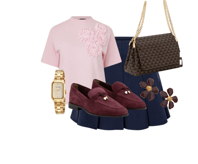 Blusa em Algodão com Flores de Tecido no Ombro Rosa ; Short Saia em Alfaiataria com Pregas Azul ; Mocassim em Couro Camurça com Ponteira Metálica Vinho ; Bolsa Shoulder Média em PU Estampa Triângulos e Alça com Corrente Marrom ; Relógio Mondaine Feminino Analógico Dourado ; Brinco em Metal Formato de Flor com Miolo Marrom