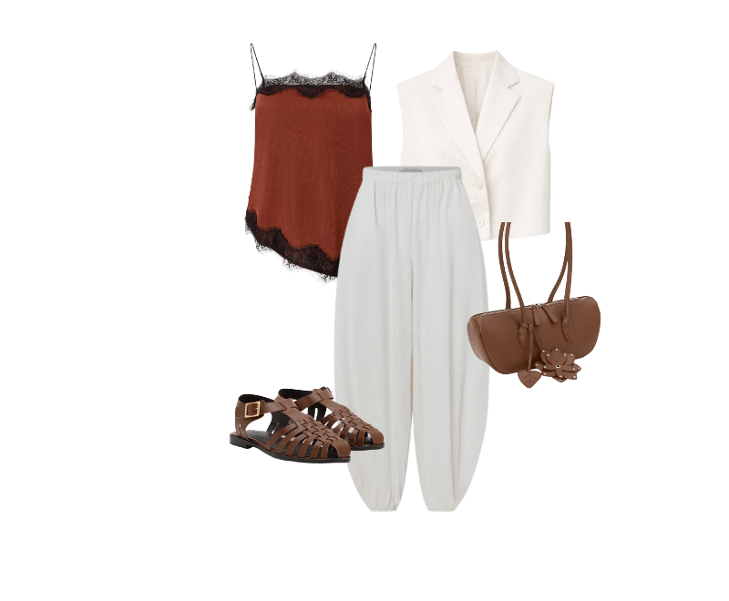 Blusa de Alça em Ribana com Detalhes de Renda Marrom ; Colete em Crepe com Gola Blazer e Pregas Off White ; Calça Balloon em Tricoline com Elástico no Cós e Tornozelo Off White ; Sandália Rasteira Fisherman com Tiras Trançadas Marrom ; Bolsa Baguete em PU com Charm de Flor e Folha 3D Marrom