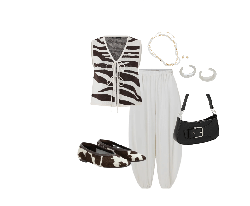 Blusa em Tricô com Amarração e Estampa Zebra Multicores ; Calça Balloon em Tricoline com Elástico no Cós e Tornozelo Off White ; Sapatilha em Couro com Estampa Animal Print Vaca ; Bolsa Baguete Pequena com Detalhe em Fivela Preto ; Kit 02 Braceletes Rígidos Orgânicos em Metal e Resina Prata ; Conjunto de Colar Pérola Trançada com Corrente e Brinco de Concha em metal Dourado