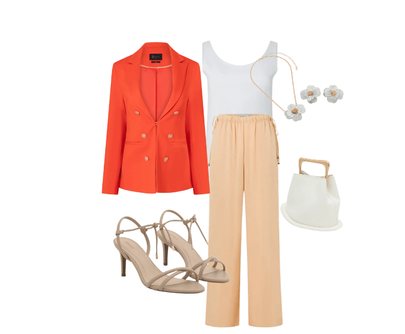 Blusa em Poliamida com Decote U e Alça Larga Branco ; Blazer Alfaiatado em Ponto Roma com Botões Brasão Laranja ; Calça Wide em Chalis com Cintura Alta e Amarração Laranja ; Sandália com Tiras e Bico Folha Bege ; Bolsa Bucket Pequena com Alça de Mão em Metal Base Bola em Metal Off White ; Conjunto de Colar e Brinco Formato de Flor Dourado/Bege