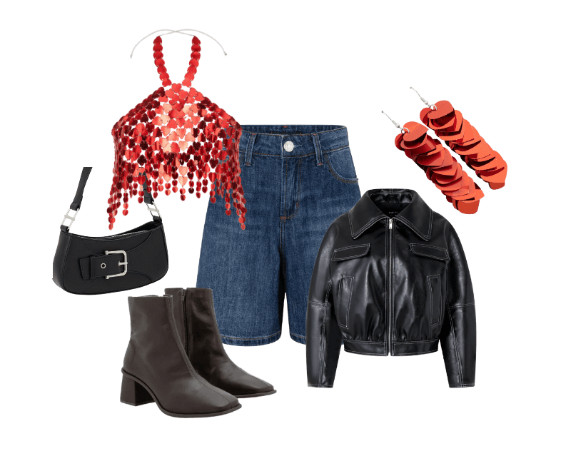 Body Chain em Paetês com Forma de Coração em Elos Vermelho ; Jaqueta Bomber em PU com Pesponto Contrastante Preto ; Bermuda em Jeans com Passantes no Cós e Bolsos Blue Jeans Escuro ; Bota Cano Médio em Couro com Bico Quadrado e Salto Bloco Marrom ; Bolsa Baguete Pequena com Detalhe em Fivela Preto ; Maxi Brinco em Paetês de Coração Vermelho Vermelho