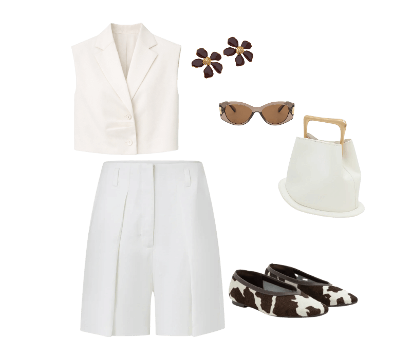 Colete em Crepe com Gola Blazer e Pregas Off White ; Bermuda Alfaiatada em Viscose com Pregas Frontais Branco ; Sapatilha em Couro com Estampa Animal Print Vaca ; Bolsa Bucket Pequena com Alça de Mão em Metal Base Bola em Metal Off White ; Óculos de Sol Quadrado Levemente Gateado com Detalhe Lateral de Metal Marrom ; Brinco em Metal Formato de Flor com Miolo Marrom