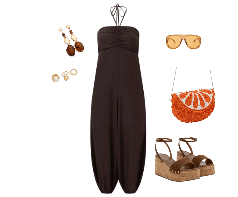 Macacão Boho Aladim Frente Única em Viscose com Busto Franzido Marrom Terra ; Sandália Plataforma de Tiras com Efeito Camurça e Salto com Textura Marrom ; Bolsa Hobo em Miçanga com Alça Transversal e Tampa de Laranja Laranja ; Óculos de Sol Aviador com Lente Âmbar Laranja ; Maxi Brinco com Pingentes Orgânicos em Resina Dourado/Marrom ; Kit 03 Anéis em Metal com Diferentes Formas Dourado