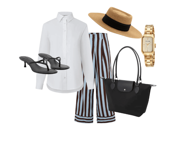 Camisa em Tricoline com Abotoamento e Punho Largo Branco Neve ; Calça Cintura Alta em Tricoline com Listras Verticais Azul/Marrom ; Sandália Mule em PU Kitten Heel Preto ; Bolsa Grande com Zíper Lapela e Alça Dupla Preto ; Relógio Mondaine Feminino Analógico Dourado ; Chapéu de Praia com Aba Média e Faixa Contrastante Bege