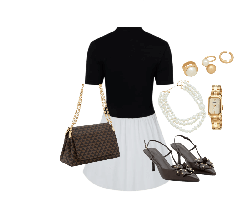 Vestido Balonê com Babado na Saia Preto ; Sapato Slingaback com Flor e Cravinhos Marrom ; Bolsa Shoulder Média em PU Estampa Triângulos e Alça com Corrente Marrom ; Relógio Mondaine Feminino Analógico Dourado ; Kit 03 Anéis em Metal com Diferentes Formas Dourado ; Maxi Colar em Perolas Artificiais com 03 Voltas Branco