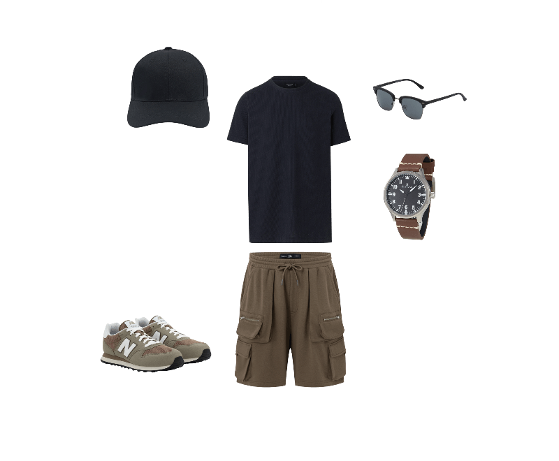 Camiseta Regular Em Algodão Texturizado Preto ; Bermuda em Moletom com Bolsos Cargo Marrom ; Tênis New Balance 500V2 em PU com Texturas Cinza ; Óculos de Sol Quadrado em Policarbonato Emborrachado Preto ; Boné Aba Curva Básico com Fechamento Strapback Preto ; Relógio Masculino Analógico com Caixa em Metal e Pulseira em Couro Champion Marrom