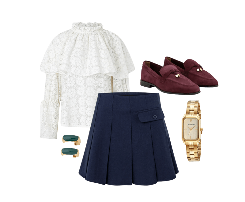 Blusa Manga Longa em Laise com Babados e Amarração nos Punhos. Branco ; Short Saia em Alfaiataria com Pregas Azul ; Mocassim em Couro Camurça com Ponteira Metálica Vinho ; Relógio Mondaine Feminino Analógico Dourado ; Brinco Argola Quadrada com Detalhe Esmaltado Bicolor Dourado/Verde