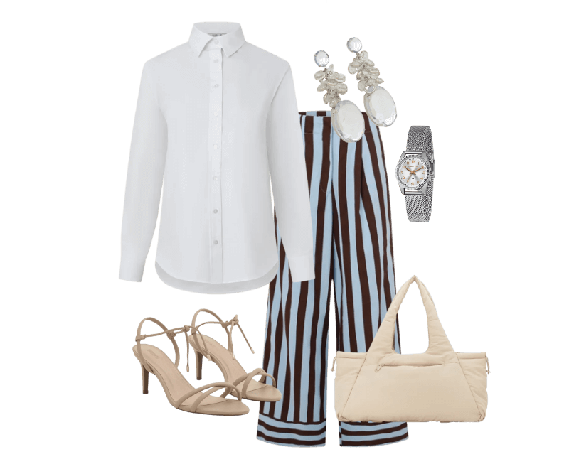 Camisa em Tricoline com Abotoamento e Punho Largo Branco Neve ; Calça Cintura Alta em Tricoline com Listras Verticais Azul/Marrom ; Sandália com Tiras e Bico Folha Bege ; Bolsa Shopper Grande com Estampa lisa Off White ; Relógio Lince Analógico com Pulseira e Caixa em Metal LRM4674L S2SX U ; Maxi Brinco em Strass com Pingente Cristal Artificial Prata