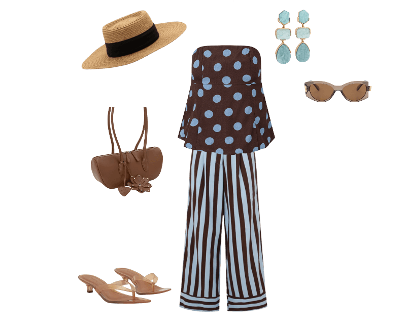 Blusa Tomara Que Caia com Estampa Poá Marrom ; Calça Cintura Alta em Tricoline com Listras Verticais Azul/Marrom ; Sandália de Dedo em Jelly com Salto Médio e Transparência Bege ; Bolsa Baguete em PU com Charm de Flor e Folha 3D Marrom ; Óculos de Sol Quadrado Levemente Gateado com Detalhe Lateral de Metal Marrom ; Chapéu de Praia com Aba Média e Faixa Contrastante Bege ; Brinco Médio com Formas Geométricas Verde