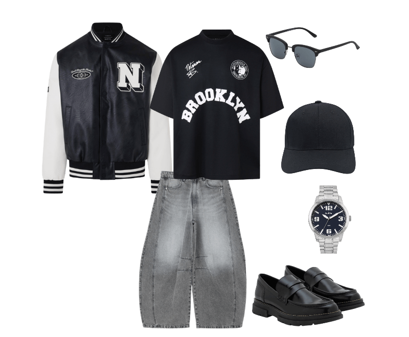 Camiseta Oversized Com Estampa Localizada E Lettering Notorious BIG Preto ; Jaqueta Bomber College Em Pu Com Lettering Preto ; Calça Barrel em Jeans com Recortes e Pences Cinza 6  Avaliações  Calça Barrel em Jeans com Recortes e Pences Cinza ; Sapato em Pu com Sola Tratorada e Detalhe Olho de Gato Preto ; Óculos de Sol Quadrado em Policarbonato Emborrachado Preto ; Boné Aba Curva Básico com Fechamento Strapback Preto ; Relógio Condor Masculino Analógico PRATA