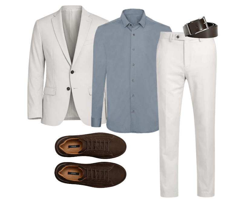 Camisa Manga Longa Maquinetada Azul Indigo ; Tênis Velvet Liquid Repeler Cafe ; Calça Alfaiataria Tech Flex Slim Cáqui ; Paletó Tech Flex Super Slim Cáqui ; Cinto Couro Dupla Face Preto