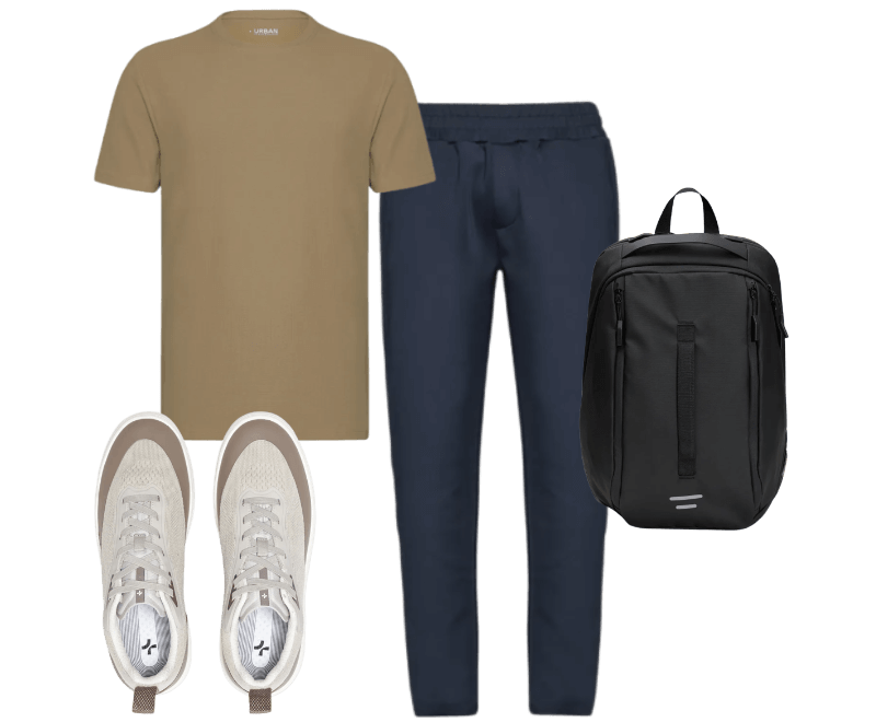 Camiseta Manga Curta Piquet Everyday Charuto ; Tênis Stride Fusion Off White ; Mochila Everyday Com Usb Preto ; Calça Traveller Thermoblock Marinho