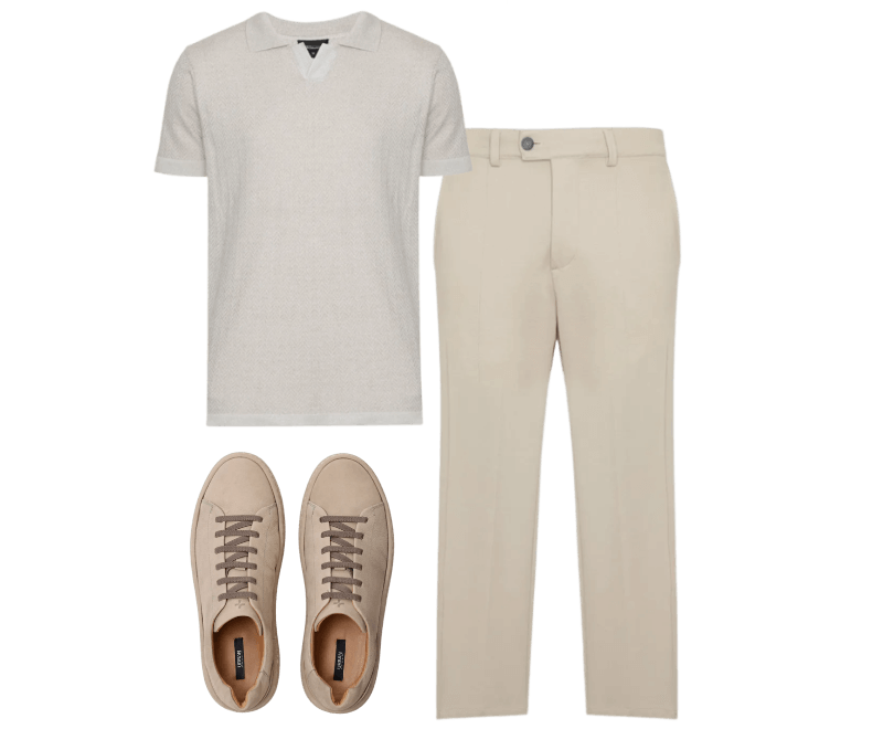 Polo Tricot Manga Curta Explorer Fishbone Off White ; Tênis Velvet Liquid Repeler Caqui ; Calça Chino Soft Flow Areia