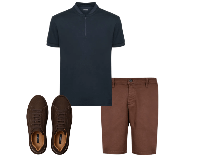 Polo Piquet Pima Performing Marinho ; Tênis Velvet Liquid Repeler Cafe ; Bermuda Chino Color Antiodor Ocre