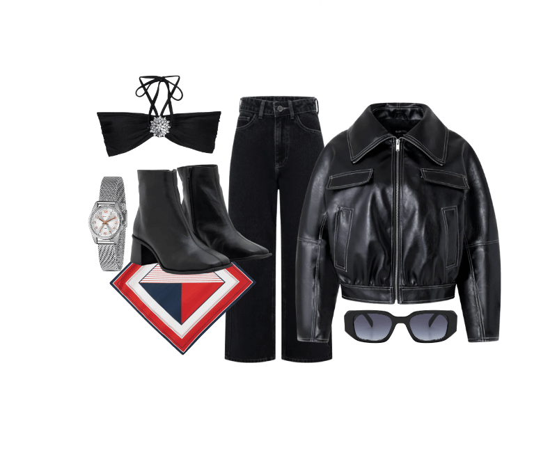 Jaqueta Bomber em PU com Pesponto Contrastante Preto ; Calça Cropped Reta Jeans com Lavagem Clássica Preto ; Bota Cano Médio em Couro com Bico Quadrado e Salto Bloco Preto ; Óculos de Sol Quadrado com Detalhes Facetados e Lente Fumê Degrade Preto ; Lenço Acetinado Estampado Com Listras Navy Vermelho ; Relógio Lince Analógico com Pulseira e Caixa em Metal LRM4674L S2SX U ; Biquini Top Bandeau em Microfibra com Amarração no Pescoço Preto