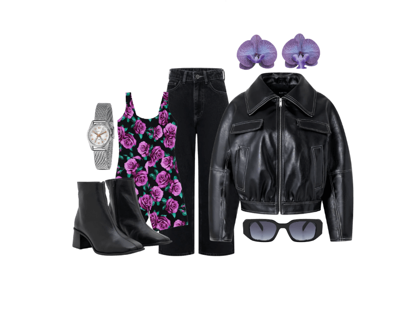 Jaqueta Bomber em PU com Pesponto Contrastante Preto ; Calça Cropped Reta Jeans com Lavagem Clássica Preto ; Macaquinho Esportivo com Estampa Floral e Tecnologia Dry Curve & Plus Size Preto/Roxo ; Bota Cano Médio em Couro com Bico Quadrado e Salto Bloco Preto ; Óculos de Sol Quadrado com Detalhes Facetados e Lente Fumê Degrade Preto ; Relógio Lince Analógico com Pulseira e Caixa em Metal LRM4674L S2SX U ; Maxi Brinco em Formato de Flor Orquídea Lilás