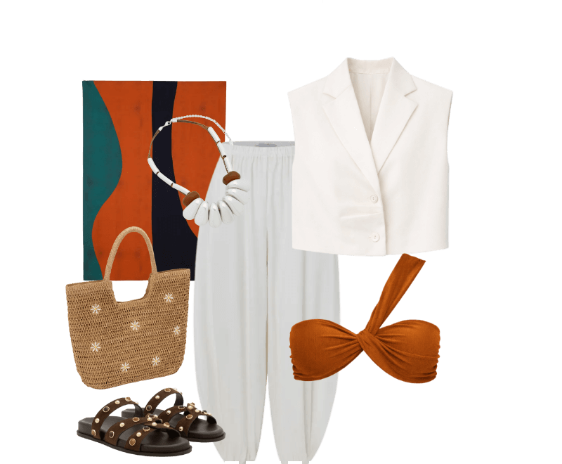 Colete em Crepe com Gola Blazer e Pregas Off White ; Calça Balloon em Tricoline com Elástico no Cós e Tornozelo Off White ; Sandália Rasteira com Pedrarias nas Tiras Marrom ; Maxi Colar com Cordão de Nós e Palitos com Argolas Escovadas Prata ; Canga Retangular em Viscose com Estampa Abstrata Multicores ; Biquíni Top com Alça Única e Detalhe Canelado em Microfibra Marrom ; Bolsa de Praia em Palha com Bordado de Margaridas Bege