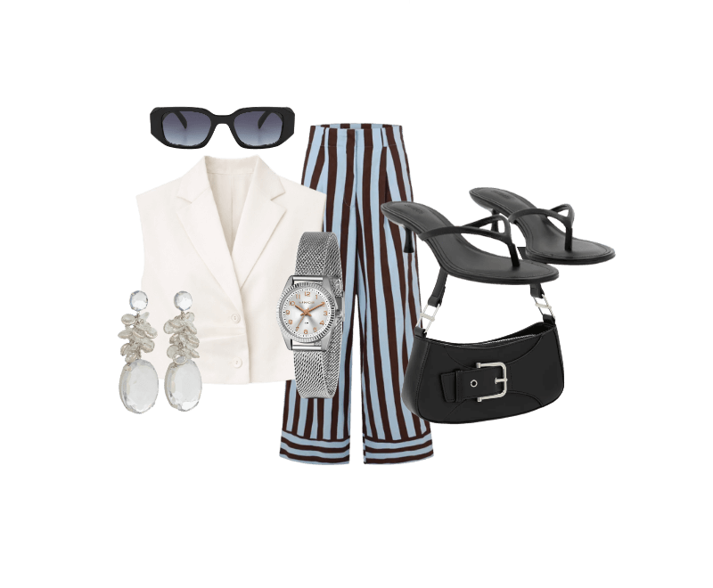 Colete em Crepe com Gola Blazer e Pregas Off White ; Calça Cintura Alta em Tricoline com Listras Verticais Azul/Marrom ; Sandália Mule em PU Kitten Heel Preto ; Bolsa Baguete Pequena com Detalhe em Fivela Preto ; Óculos de Sol Quadrado com Detalhes Facetados e Lente Fumê Degrade Preto ; Relógio Lince Analógico com Pulseira e Caixa em Metal LRM4674L S2SX U ; Maxi Brinco em Strass com Pingente Cristal Artificial Prata
