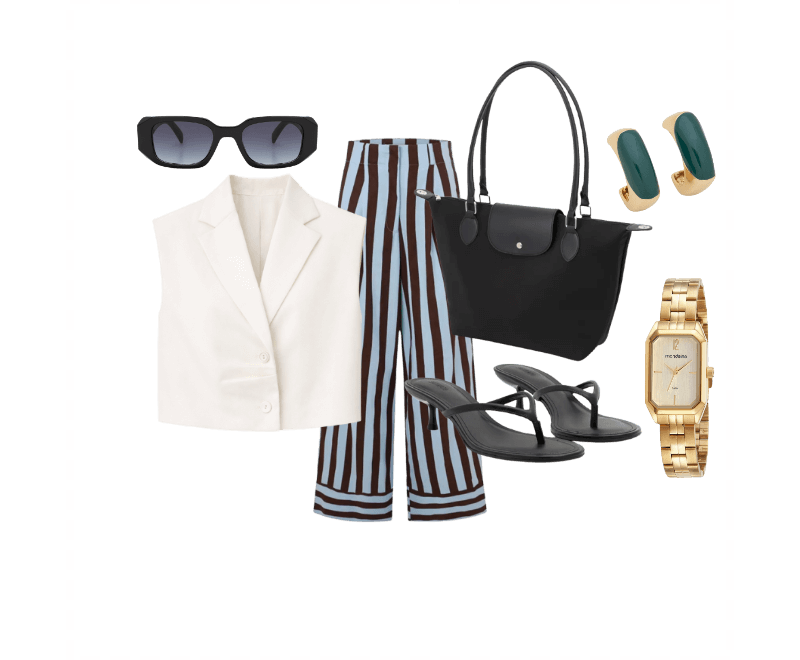 Colete em Crepe com Gola Blazer e Pregas Off White ; Calça Cintura Alta em Tricoline com Listras Verticais Azul/Marrom ; Sandália Mule em PU Kitten Heel Preto ; Bolsa Grande com Zíper Lapela e Alça Dupla Preto ; Óculos de Sol Quadrado com Detalhes Facetados e Lente Fumê Degrade Preto ; Relógio Mondaine Feminino Analógico Dourado ; Brinco Argola Quadrada com Detalhe Esmaltado Bicolor Dourado/Verde