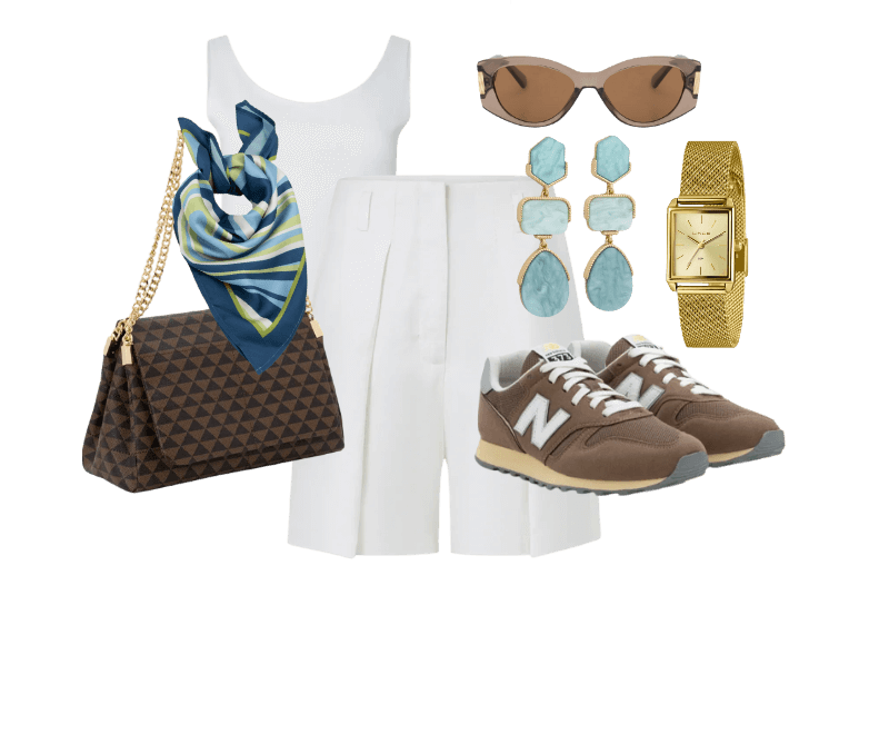 Blusa em Poliamida com Decote U e Alça Larga Branco ; Bermuda Alfaiatada em Viscose com Pregas Frontais Branco ; Tênis Jogging 373V2 em Couro New Balance Marrom ; Bolsa Shoulder Média em PU Estampa Triângulos e Alça com Corrente Marrom ; Óculos de Sol Quadrado Levemente Gateado com Detalhe Lateral de Metal Marrom ; Lenço Quadrado em Cetim com Estampa de Listras Multicores ; Relógio de Metal Lince Feminino Analógico com Caixa de Metal e Pulseira de Aço LQG4766L25 C1KX Dourado ; Brinco Médio com Formas Geométricas Verde
