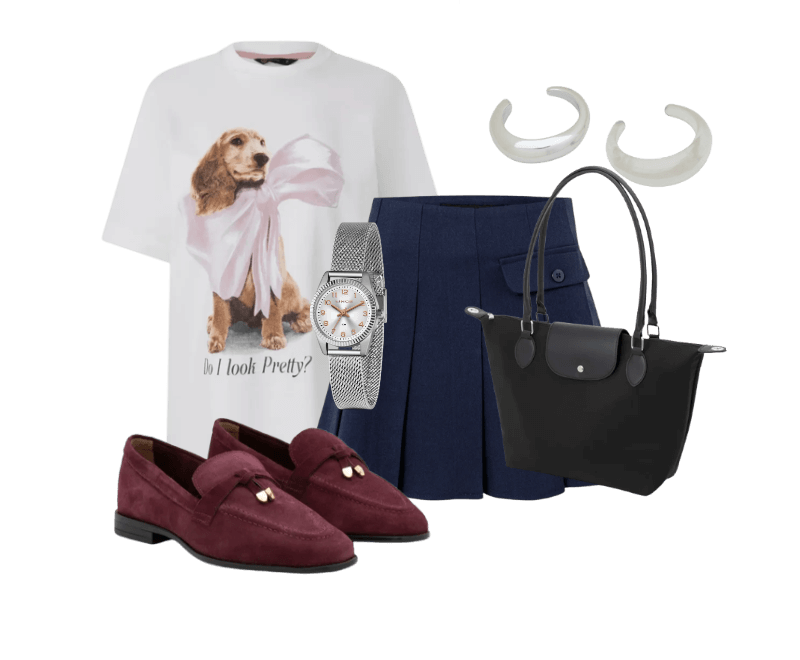 Camiseta em Algodão com Estampa Cão de Laço Branco ; Short Saia em Alfaiataria com Pregas Azul ; Mocassim em Couro Camurça com Ponteira Metálica Vinho ; Bolsa Grande com Zíper Lapela e Alça Dupla Preto ; Relógio Lince Analógico com Pulseira e Caixa em Metal LRM4674L S2SX U ; Kit 02 Braceletes Rígidos Orgânicos em Metal e Resina Prata