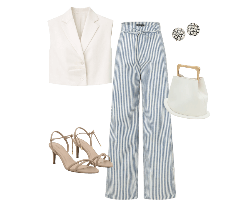 Colete em Crepe com Gola Blazer e Pregas Off White ; Calça Wide Leg em Sarja com Listras e Cinto Fino Azul Médio ; Sandália com Tiras e Bico Folha Bege ; Bolsa Bucket Pequena com Alça de Mão em Metal Base Bola em Metal Off White ; Brinco Botão em Metal com Textura de Serpente e Efeito Envelhecido Prata