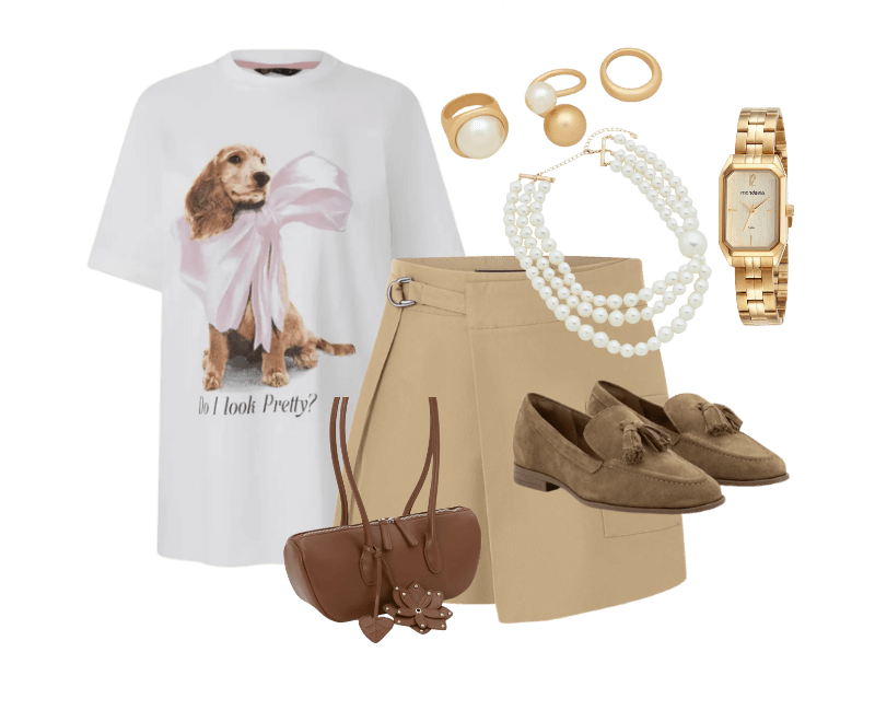 Camiseta em Algodão com Estampa Cão de Laço Branco ; Bermuda em Alfaiataria com Fivela e Bolso Frontal Bege ; Sapato Mocassim em Camurça com Franja Marrom Claro ; Bolsa Baguete em PU com Charm de Flor e Folha 3D Marrom ; Relógio Mondaine Feminino Analógico Dourado ; Kit 03 Anéis em Metal com Diferentes Formas Dourado ; Maxi Colar em Perolas Artificiais com 03 Voltas Branco