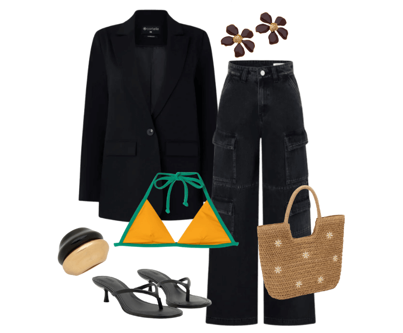 Blazer Oversized Alfaiatado com Botão Único Preto ; Calça Wide Leg em Jeans com Bolso Cargo Preto ; Sandália Mule em PU Kitten Heel Preto ; Brinco em Metal Formato de Flor com Miolo Marrom ; Maxi Anel com Faces Bicolores Dourado/Preto ; Biquíni Top Triângulo em Microfibra com Viés Contrastante Amarelo ; Bolsa de Praia em Palha com Bordado de Margaridas Bege