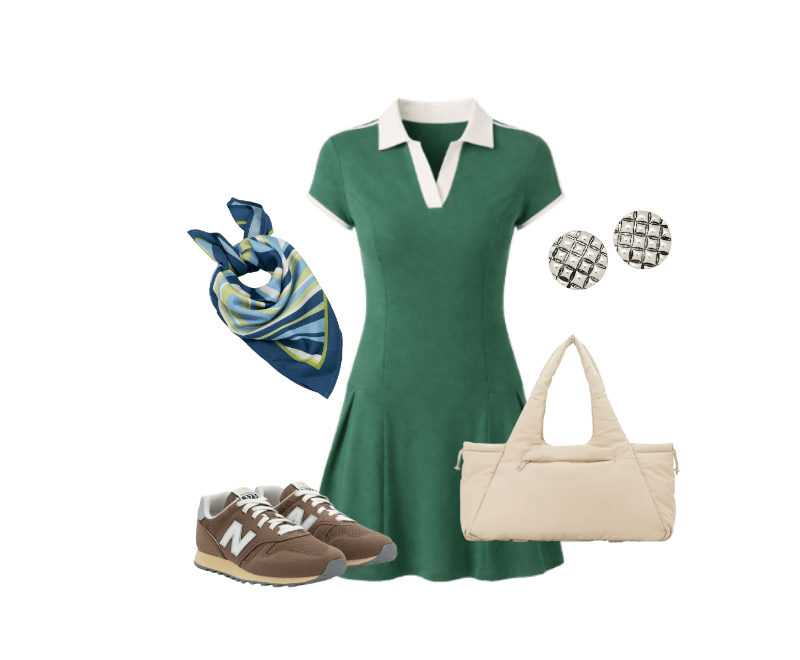 Vestido Curto em Ribana com Gola Polo Contrastante Verde ; Tênis Jogging 373V2 em Couro New Balance Marrom ; Bolsa Shopper Grande com Estampa lisa Off White ; Lenço Quadrado em Cetim com Estampa de Listras Multicores ; Brinco Botão em Metal com Textura de Serpente e Efeito Envelhecido Prata