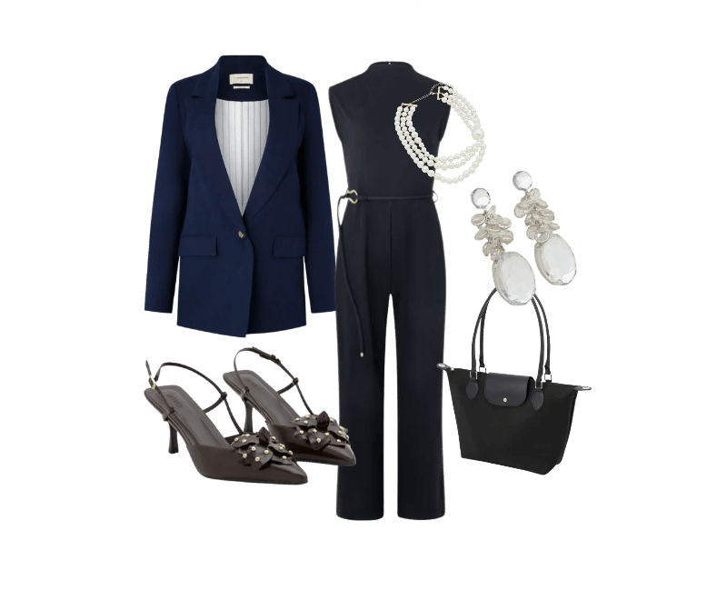 Blazer em Viscolinho com Lapelas e Botão Único Azul Escuro ; Macacão em Orly com Passantes e Cinto Afivelado Preto ; Sapato Slingaback com Flor e Cravinhos Marrom ; Bolsa Grande com Zíper Lapela e Alça Dupla Preto ; Maxi Brinco em Strass com Pingente Cristal Artificial Prata ; Maxi Colar em Perolas Artificiais com 03 Voltas Branco