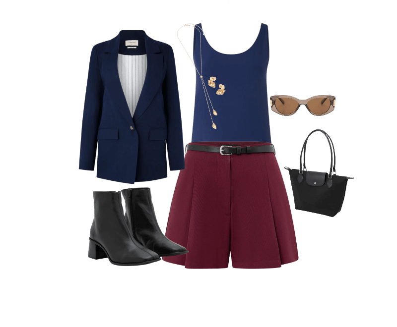 Blusa em Poliamida com Decote U e Alça Larga Azul ; Blazer em Viscolinho com Lapelas e Botão Único Azul Escuro ; Short em Alfaiataria Lisa com Cinto Fino Vinho ; Bota Cano Médio em Couro com Bico Quadrado e Salto Bloco Preto ; Bolsa Grande com Zíper Lapela e Alça Dupla Preto ; Óculos de Sol Quadrado Levemente Gateado com Detalhe Lateral de Metal Marrom ; Conjunto de Colar Gravatinha Rabo de Rato e Brinco Meia Flor Dourado