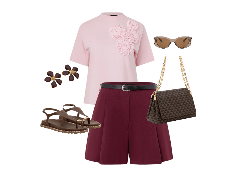 Blusa em Algodão com Flores de Tecido no Ombro Rosa ; Short em Alfaiataria Lisa com Cinto Fino Vinho ; Sandália Rasteira com Dedeira e Detalhe Bold Marrom ; Bolsa Shoulder Média em PU Estampa Triângulos e Alça com Corrente Marrom ; Óculos de Sol Quadrado Levemente Gateado com Detalhe Lateral de Metal Marrom ; Brinco em Metal Formato de Flor com Miolo Marrom